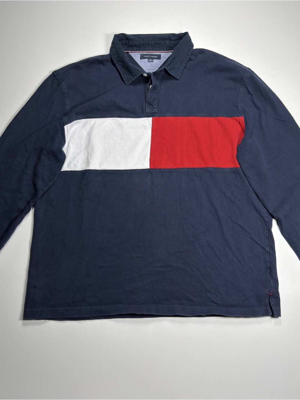 Tommy Hilfiger Navy Long Sleeve Polo with Red & White Chest Panel XXL